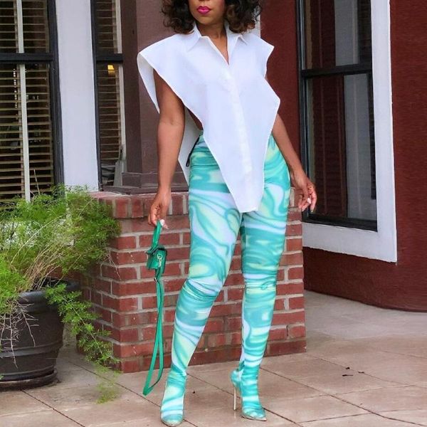 

women's two piece pants 2 women sets irregular triangle shirt and footed leggings matching set 2021 summer runway fashion bodycon outfi, White