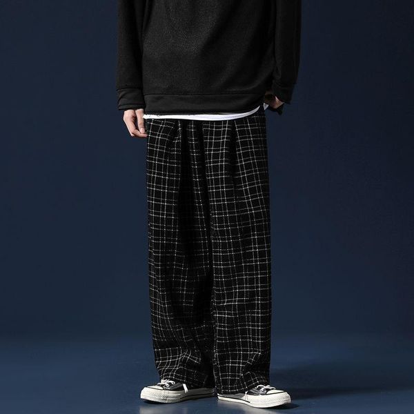 

winter thick plaid pants men's warm fashion retro casual wide-leg men streetwear loose straight-leg mens trousers, Black