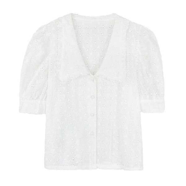 

perhaps u women shirt solid short sleeve puff sleeve summer turn down collar white lace embroidery elegant b0604 210529