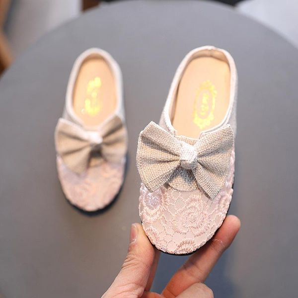 

bowtie lace flat slippers 2021 summer kids slides with bow-knot soft sole shallow princes girl house children shoes slipper, Black;grey