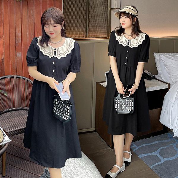 

plus size dresses women's summer korean style contrasting color doll collar slim oversized dress, Black