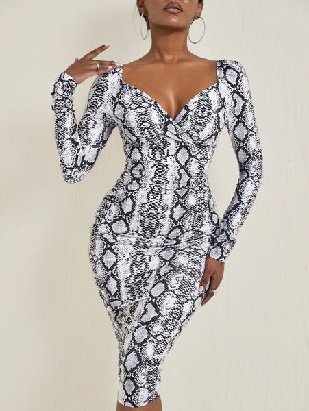 

snakeskin print sweetheart neck bodycon dress r40z#, Black;gray