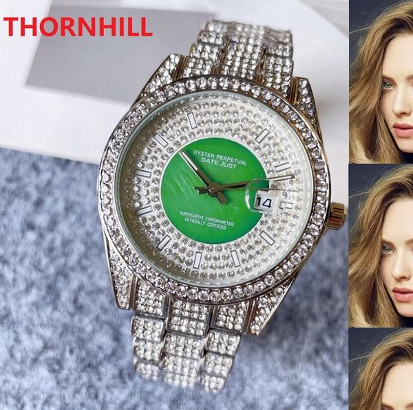 Luxus Damen Edelstahl Uhren 40mm Volldiamanten Ring Streifen Modeuhren Spezielles Design Relojes De Marca Mujer Dame Kleid Armbanduhr Quarzuhr Herren