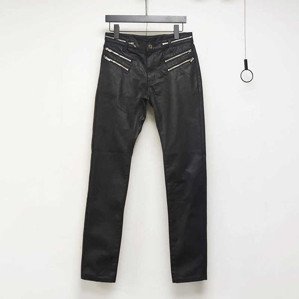 

s five zipper wax pants coating bright surface glue brushing hedi leisure high street washed trousers cotton jeans, Blue