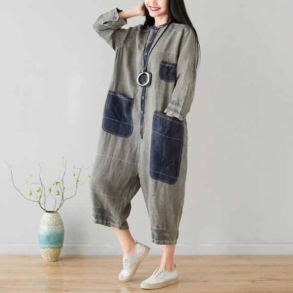 

women's jumpsuits & rompers one-piece baggy cotton linen long sleeve playsuits hip hop wide leg jumpsuit casual loose o-neck hanging cr, Black;white