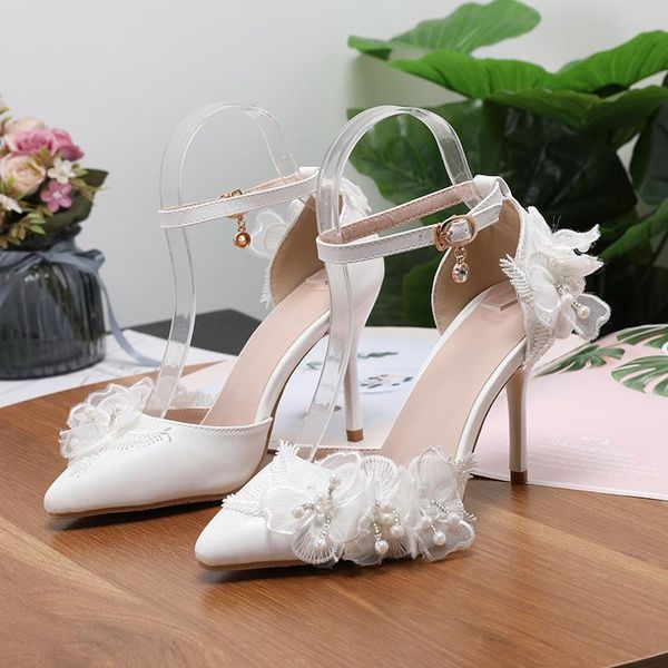 

sandals summer women's 2021 white wedding shoes for bride pink lace flower high heels ladies ankle strap pumps 8cm pointed toe, Black