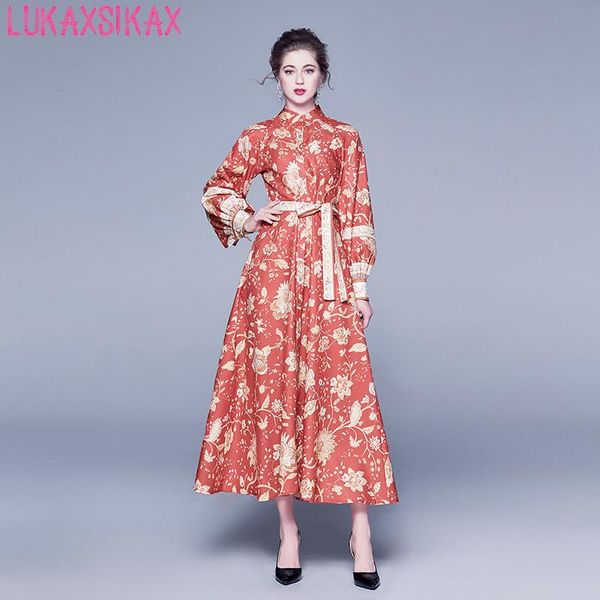 

casual dresses spring autumn women long sleeve dress gorgeous flowers print runway elegant big hem slim, Black;gray