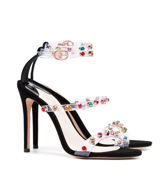 

ladies pvc straps rhinestone rivets studs sandals summer buttons party dress stiletto heels open toe female sandalias, Black