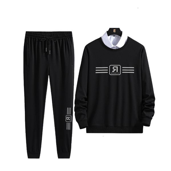 

two autumn spring piece and large size sweater casual coat long sve suit loose pullover t-shirt men's wear, Black