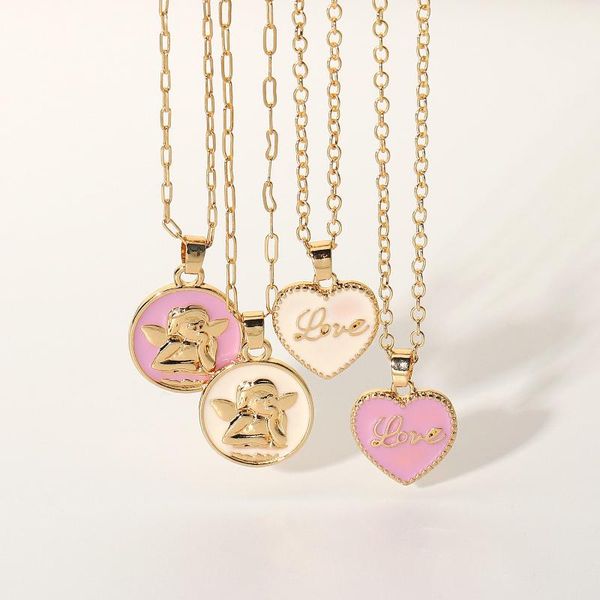 

pendant necklaces y2k jewelry pink heart letter angel necklace for women gold plated vintage fashion charms 90s aestheti gits, Silver
