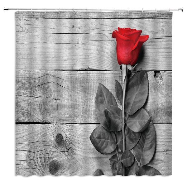 

grey red shower curtain rose flower decor rustic wooden board fabric bath curtains bathroom accessories polyester with plastic