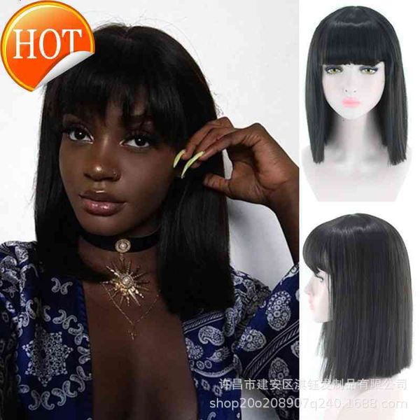 

wig wig cover women's middle long hair with bangs, wave head,  fits all chemical fiber cap, Black