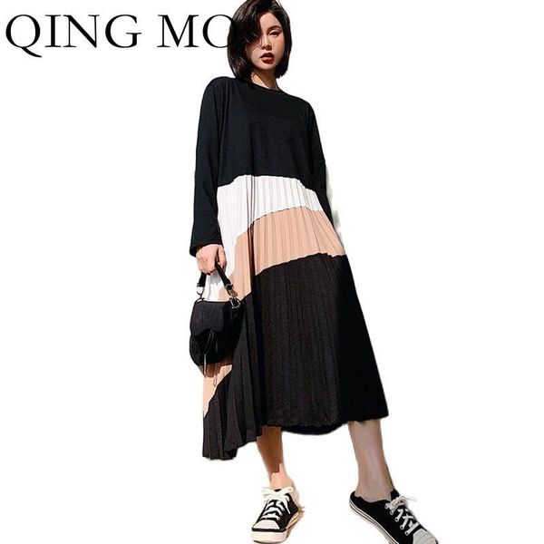 

casual dresses qing mo autumn fashion long sleeved dress women loose plus size 2021 trend color contrast stitching zwl552, Black;gray