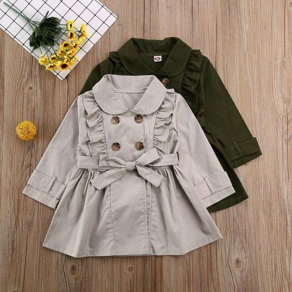 

toddlers kids baby girls coat trench outfits 2-7y button bandage ruffle casual jacket windbreaker dress outwear jackets, Blue;gray
