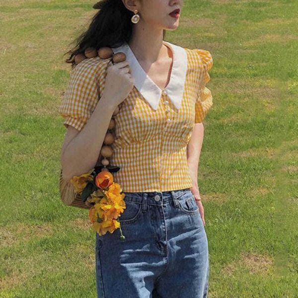 

women's blouses & shirts cottagecore crop yellow summer kawaii puff sleeve plaid shirt women checkered style fashion retro, White