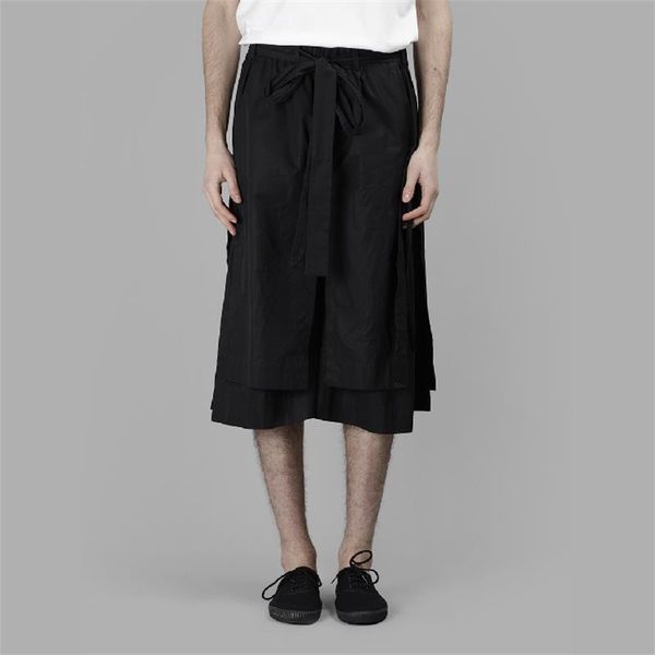 

men's shorts multi-layer streamer irregular niche design skirt hem japanese lace seven-point tie wide leg pants, White;black