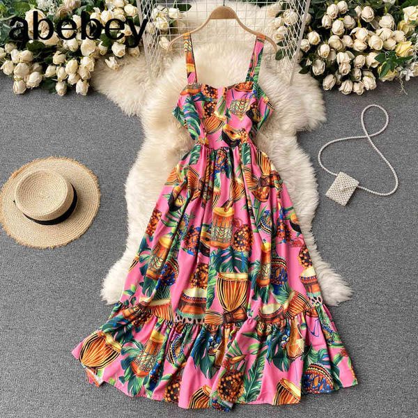 

spring retro fashion printed sling vestidos women's holiday ruffled square collar waist slimming beach midi dress c455 210512, Black;gray