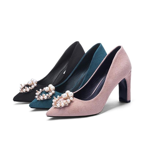 

dress shoes chunky heels pointed women high big size 43 pearl crystal suede lady heel blue ladies, Black