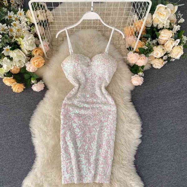 

women club party dress fashion summer v neck bling sequins bodycon es ladies elegant spaghetti strap mini 210602, Black;gray