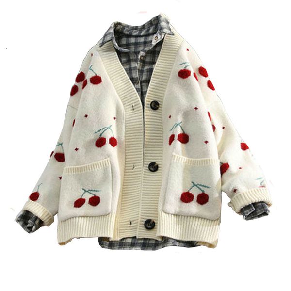 

women's knits & tees cherry fruit embroidered cardigan mesh autumn 2021 v neck oversize woman sweater jacket warm winter, White