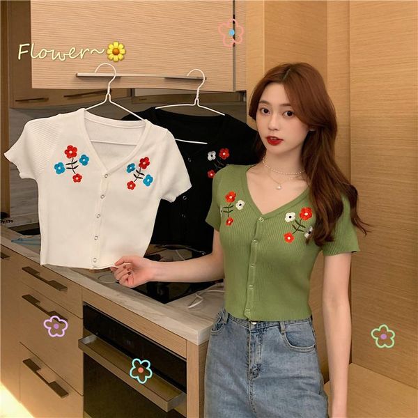 

embroidery short sleeve v-neck thin cardigan female crop summer slim single breasted sweaters for girls women's knits & tees, White