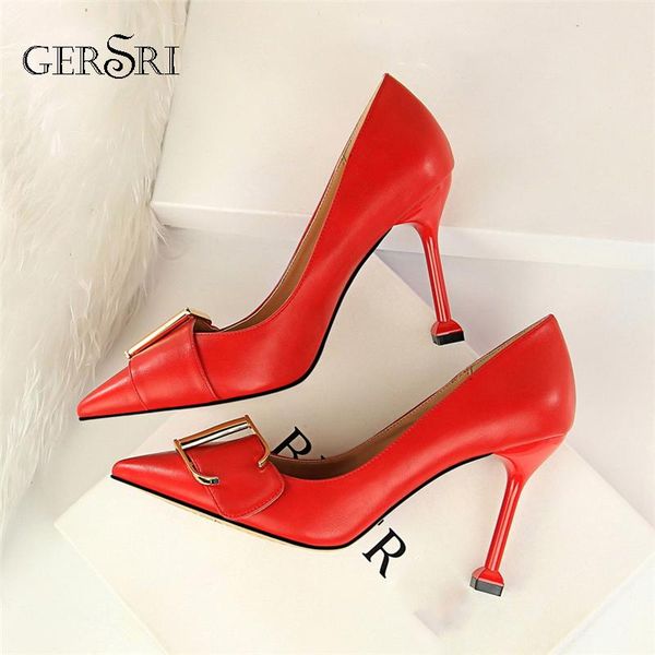 

gersri plus size women leather pumps 9.5cm high heels lady scarpins red satin female wedding office shoes single dress, Black