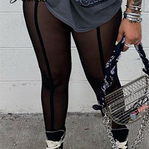 

joskaa see-through black high waist long trousers casual sweatpants women autumn elastic pencil pants mesh leggings 211215