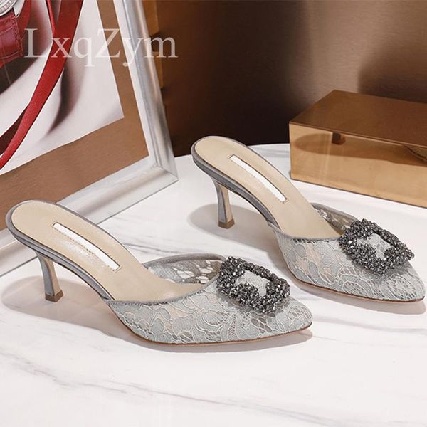 

slippers luxury designer fashion women crystal buckle mesh slides closed pointed toe pumps summer party dress thin high heels, Black