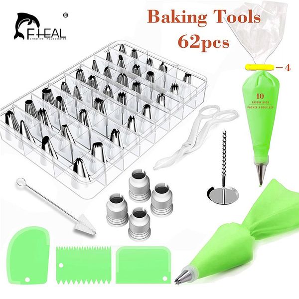 

cake tools fheal 62pcs/set russian pastry cream nozzles+coupler icing piping tips set dessert decorators diy decorating bakeware
