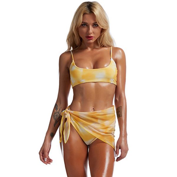 Push Up Bikini There Piece Costumi da bagno Tie Dye Costumi da bagno Donna Mesh Cover Bandeau Costume da bagno Beachwear XXL 210520