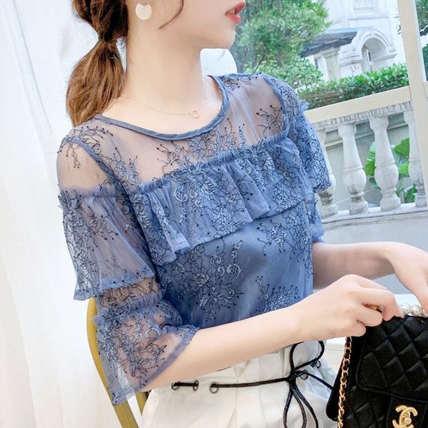 

women's blouses & shirts fashion women spring summer lace splice chiffon elegant short sleeve o-neck loose blusas mm0420, White