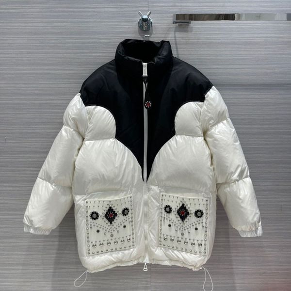 

channel goods 1014 high-end famous brand womens clothing autumn and winter leisure rivet storage hooded mid-length loose down jacket women, Black