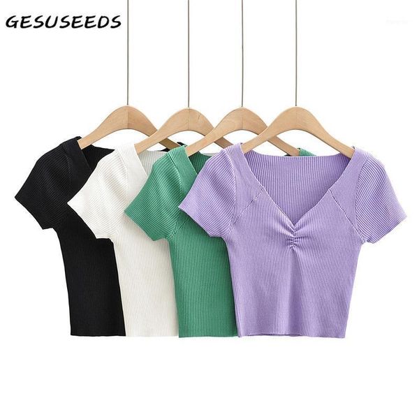 

women's t-shirt 2021 woman tshirts summer short sleeve tees vintage knitted t shirt v neck cropped women ruched black green, White