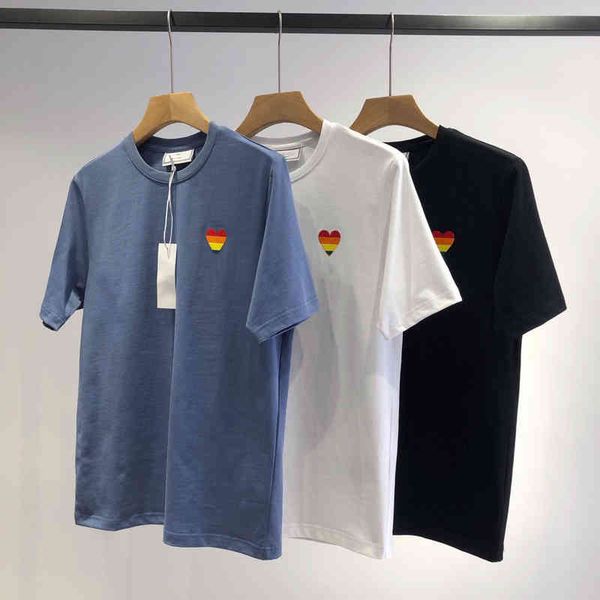 

summer fashion rainbow embroidery men's casual simple loose cotton short sleeve round neck t-shirt, White;black