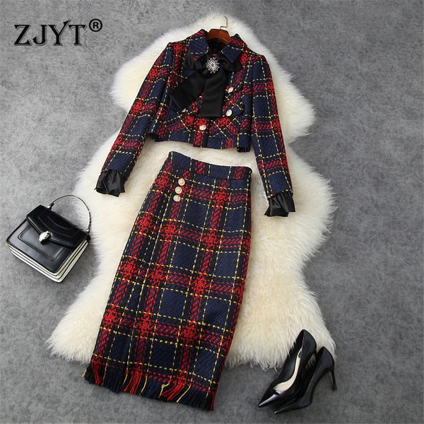 

runway fashion women autumn winter two piece dress suit elegant lady office party outfit bowknot vintage plaid short tweed woolen jacket and, White