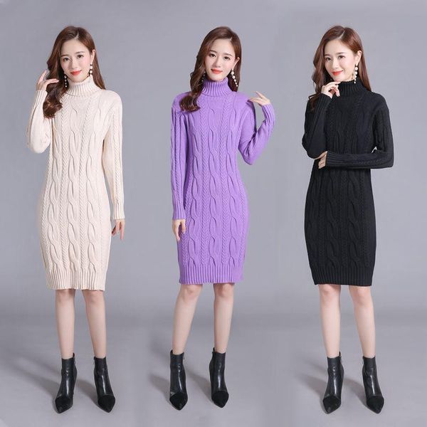 

casual dresses women 2021 autumn winter slim knitted dress female warm elasticity pullover turtleneck long sleeve pencil d90, Black;gray