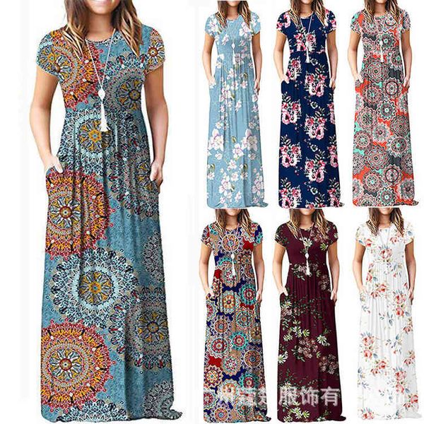 

summer 2021 women's round neck short sve loose print long skirt casual pocket drs, Black;gray