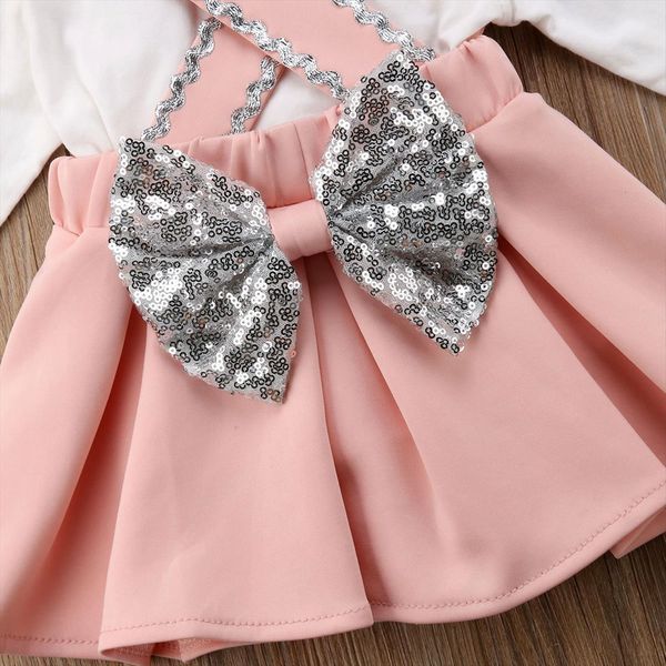 

sequins toddler kids girls lace strap bow skirt headband outfits set, White