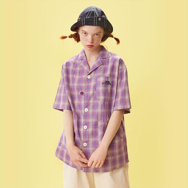 

summer fashion design loose dinosaur women shirt embroidery purple plaid printed pocket short sleeve femme cotton, White