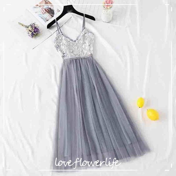 

summer women's v-neck strap dress vintage sleeveless sequin mesh a-line dress female elegant sling fairy beach dresses 210521, Black;gray