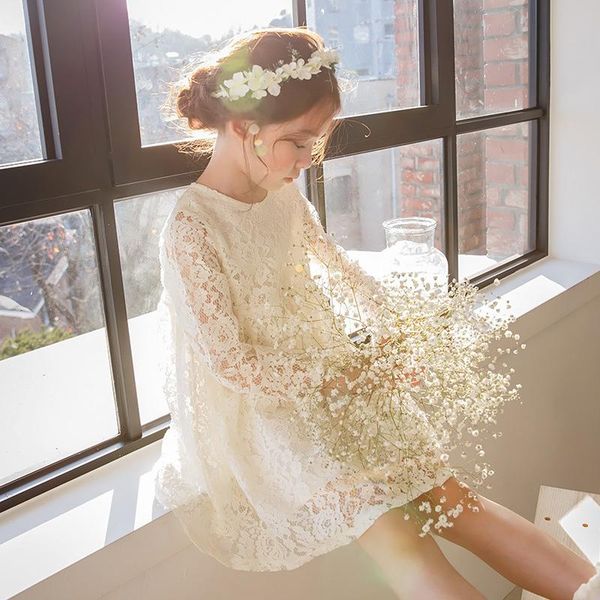 

girl's dresses 2021 lace dress vintage evening party casual loose hollow out long sleeve flower girl kids sweet princess beige, Red;yellow