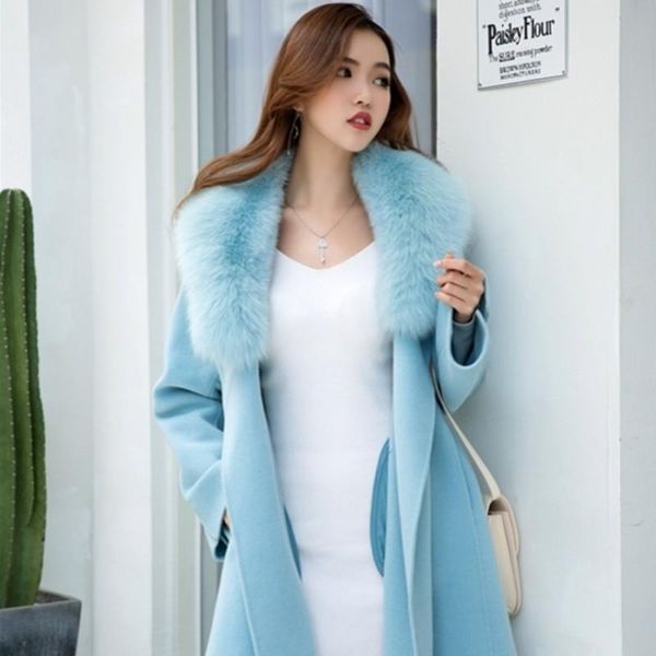 

women's fur & faux 2021 elegant women luxury cashmere coat winter wool with big collar autumn belt long female jacket fashion, Black