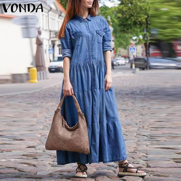 

pleated long dress vintage denmin dresses spring sundress women holiday vonda casual solid lapel neck vestidos femme robe, Black;gray
