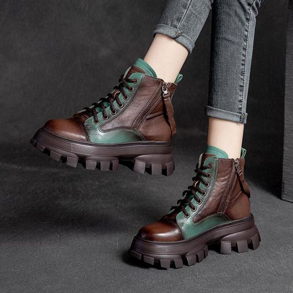 

boots johnature shoes women genuine leather mixed colors 2021 autumn winter zip round toe retro handmade leisure ankle, Black