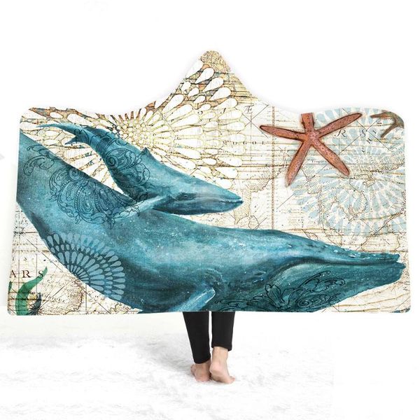

blankets ancient sea creature print pattern magic cape cashmere comfortable thickened non pilling double layer plush hooded blanket