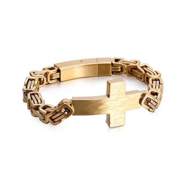 

charm bracelets classic christian cross for men 21cm stainless steel byzantine chain link bracelet armband prayer jewelry, Golden;silver