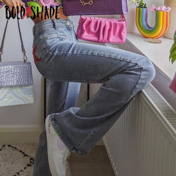 

bold shade streetwear 90s vintage boot cut jeans denim indie aesthetic y2k pants star pattern grunge skater style women trousers women', Blue