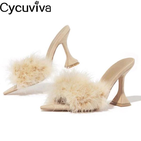 

slippers fur transparent pvc women strange cup high heels peep toe mules stilettos outwear slides summer dress shoes, Black