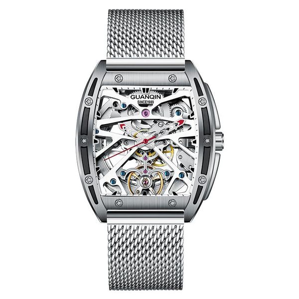 

wristwatches 2021 guanqin men's watches skeleton mechanical automatic sapphire wrist watch tourbillon reloj hombre, Slivery;brown