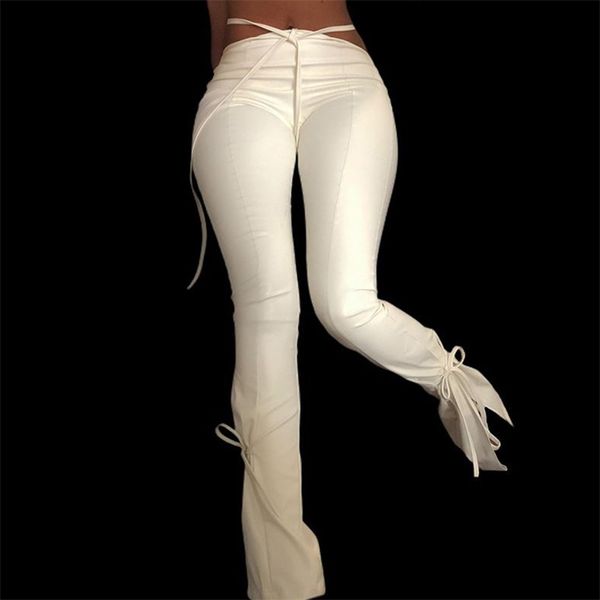 Kryptografische weiße PU-Kunstleder-hohe Taillen-Flare-Leggings-Frauen-Hosen-Hosen-feste Weihnachts-reizvolle Bandage-Fitness-Bottom 211204